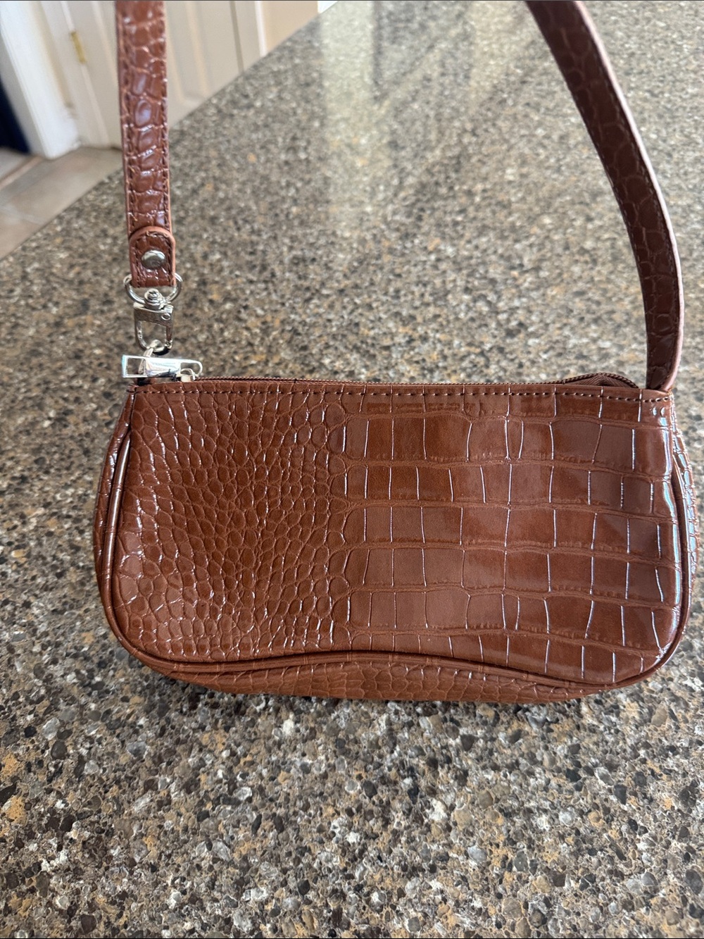 Brown Croc-Embossed Shoulder Bag w/silver color metal accents